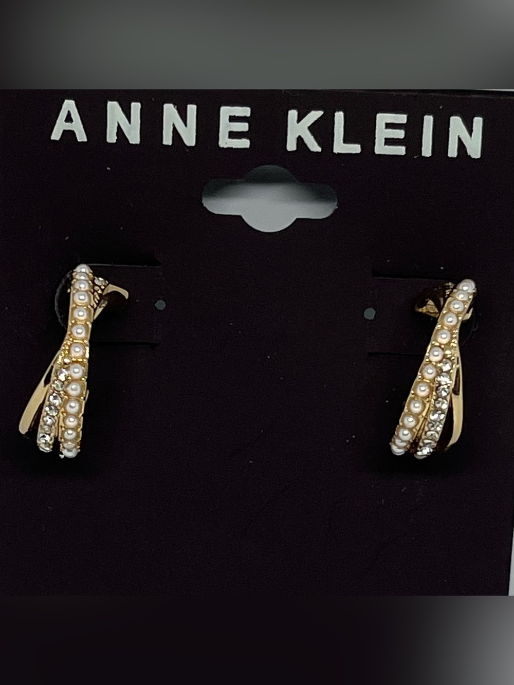 Anne Klein Gold Pearl & Crystal CrissCross Hoop Earrings NWT